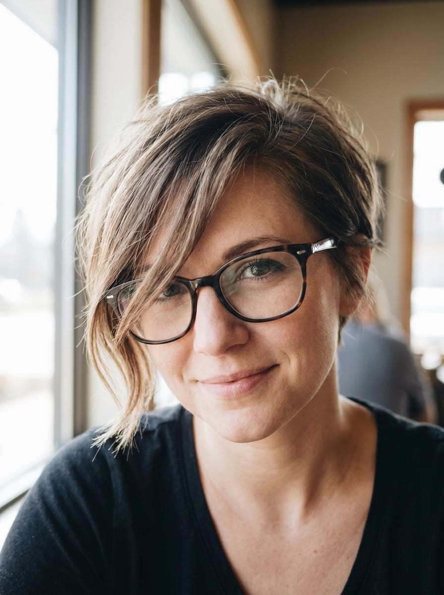 Pixie mit langem Seitenpony - Kurzhaarfrisur mit Brille